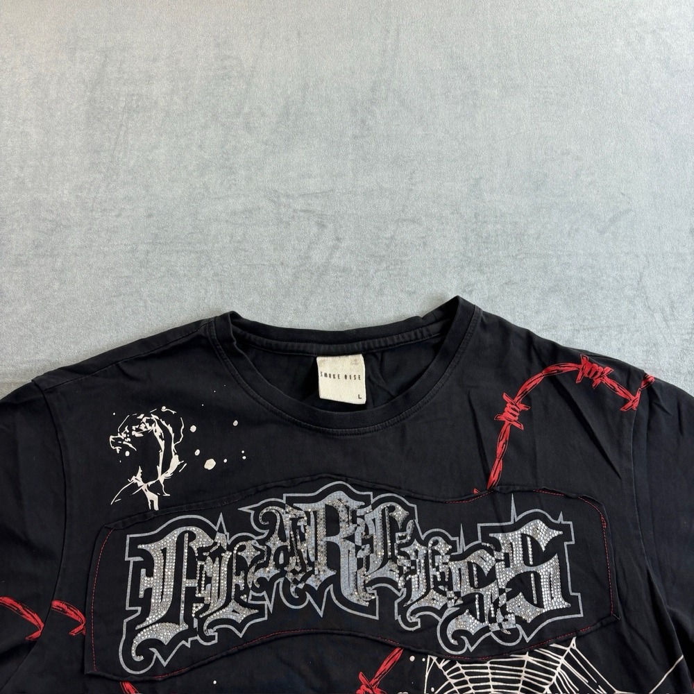 Smoke Rise Graphic T Shirt Black Y2K Barbed Wire Tee Men's Large - Picture 4 of 14